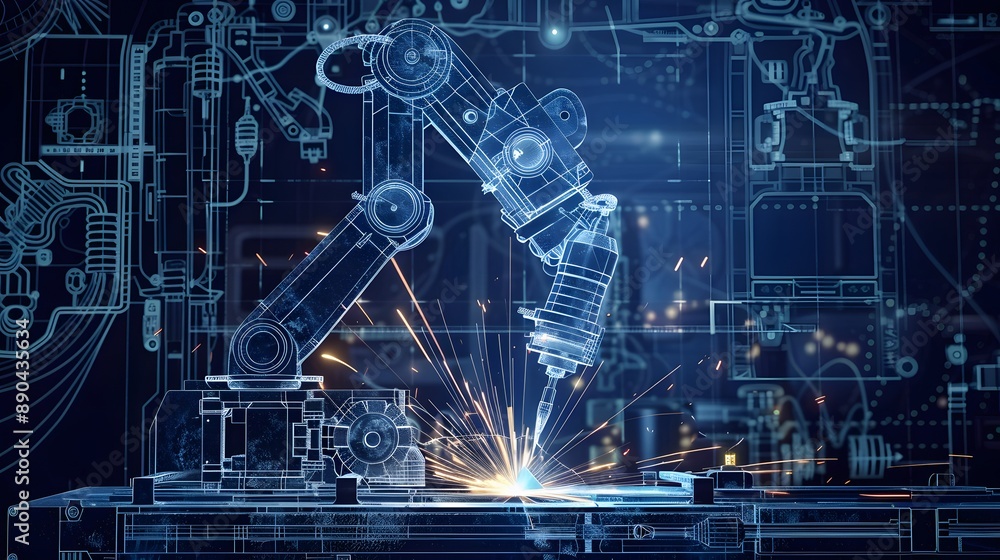 Poster a robot is shown in a blue background with a black outline. the robot is a large, mechanical arm wit