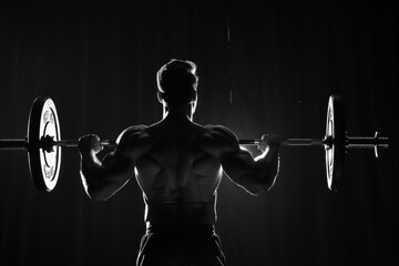 Bodybuilding. Athletic Man Pumping Muscles with Barbell on Black Background. Workout Concept for Sport Nutrition Ads