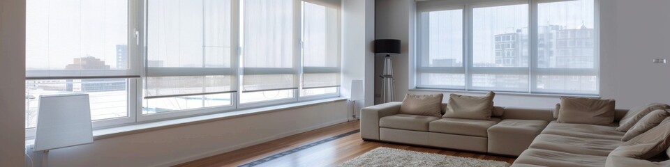 Fototapeta premium Luxurious Modern Interior with Smart Shading Solutions: Automated Solar Blinds, Motorized Blackout Curtains, and Wooden Wall Panels. High-Tech Home Design featuring Electric Roller Shades, Relaxation 