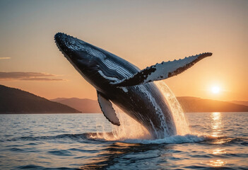 Fototapeta premium A photo of a majestic whale breaching out of the water at sunset. 