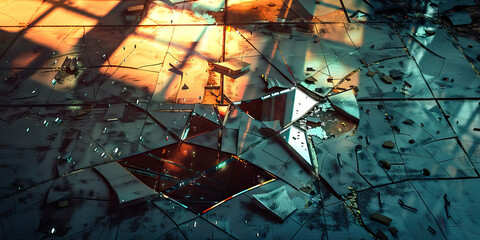 Broken Reflection: A shattered mirror on the floor, reflecting shards of light and distorted images