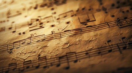 Closeup of sheet music, vintage look, detailed notes, realistic studio lighting, highresolution background