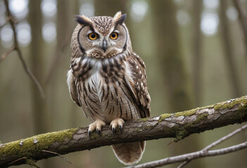 Obraz premium A close-up of an owl perched on a branch, with its head swiveling to listen for sounds. 