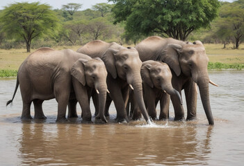 Fototapeta premium A photo of a family of elephants bathing themselves in a watering hole. 