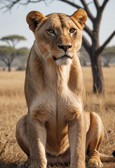Obraz premium A majestic lioness surveying her pride on the African savanna (photorealistic & artistic). 
