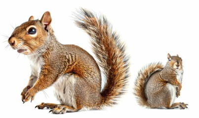 Naklejka premium Adorable Squirrel Portrait Collection: Multiple Angles and Side Views on White Background. Detailed Wildlife Illustration Showcasing Furry Rodent's Expressions and Poses. High-Resolution 4K Nature Wal
