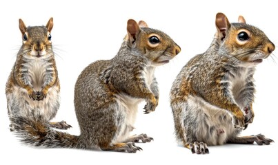 Fototapeta premium Adorable Squirrel Portrait Collection: Multiple Angles and Side Views on White Background. Detailed Wildlife Illustration Showcasing Furry Rodent's Expressions and Poses. High-Resolution 4K Nature Wal