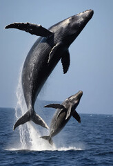  A mother humpback whale breaching with her calf alongside. 