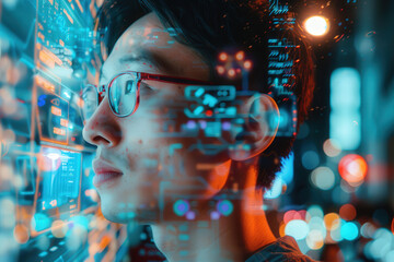 Innovative Young Man Analyzing Data at Night 