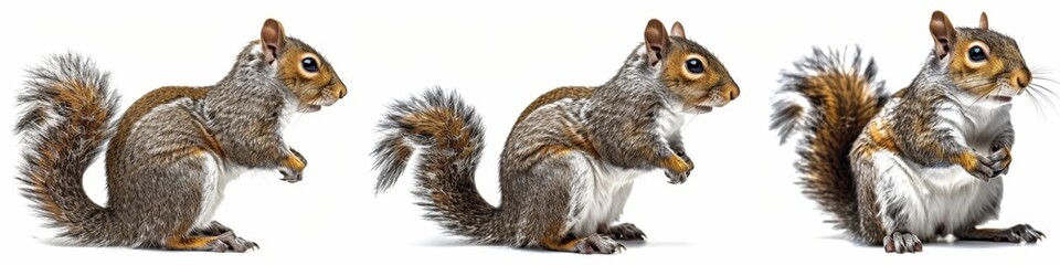 Fototapeta premium Adorable Squirrel Portrait Collection: Multiple Angles and Side Views on White Background. Detailed Wildlife Illustration Showcasing Furry Rodent's Expressions and Poses. High-Resolution 4K Nature Wal