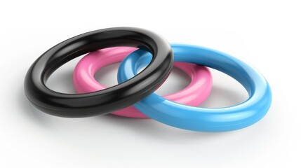 3D Rings. Isolated Silicone Rings in Black, Pink, and Blue with Realistic Plastic Texture