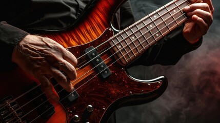 Obraz premium Hands of musician strumming a bass guitar, intense focus, realistic studio lighting, highresolution background