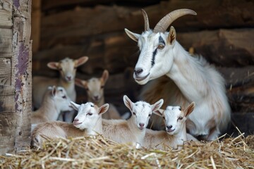 Fototapeta premium Farm Goat. Mother Goat and Baby Brown Goats in White Barn on Farm