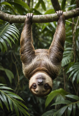 Fototapeta premium A sloth hanging upside down from a rainforest tree, camouflaged amongst the leaves. 