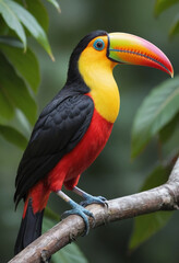  A brightly colored toucan perched on a branch, its large beak prominent. 
