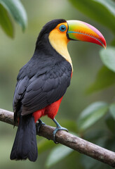  A brightly colored toucan perched on a branch, its large beak prominent. 