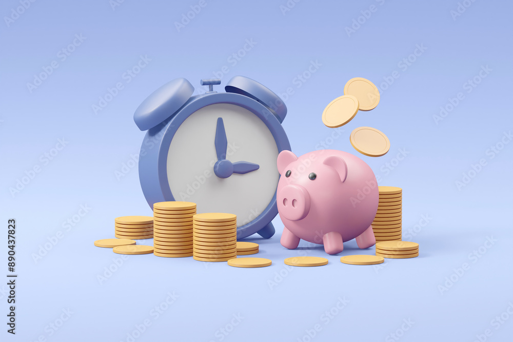 Poster 3d rendering includes a piggy bank, alarm clock and pile of coins. the piggy bank represents saving 