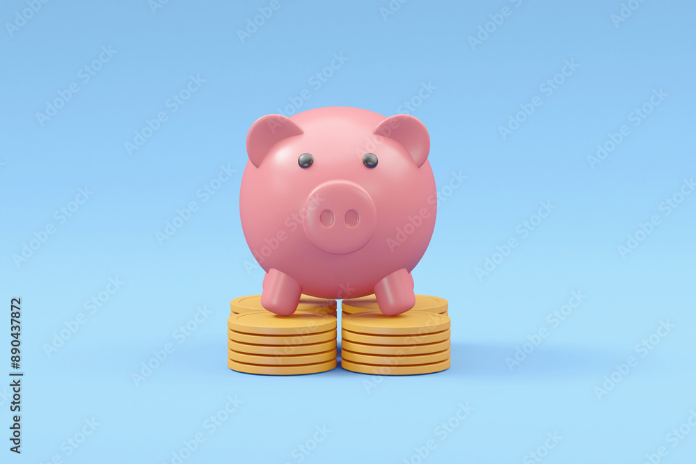 Poster 3d render featuring a piggy bank standing on a stack of coins. the piggy bank symbolizes saving mone