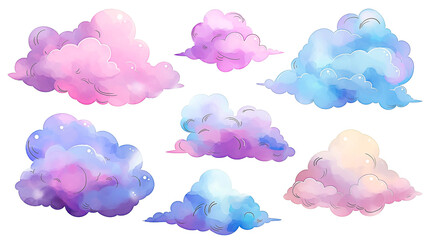 Fototapeta premium Pastel cloud collection in watercolor style isolated on transparent background. Clouds in pink, yellow, blue and purple for decoration. Whimsical pastel cloud set.