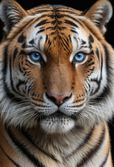  A photorealistic portrait of a majestic Siberian tiger with piercing blue eyes. 