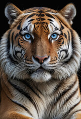 Fototapeta premium A photorealistic portrait of a majestic Siberian tiger with piercing blue eyes. 