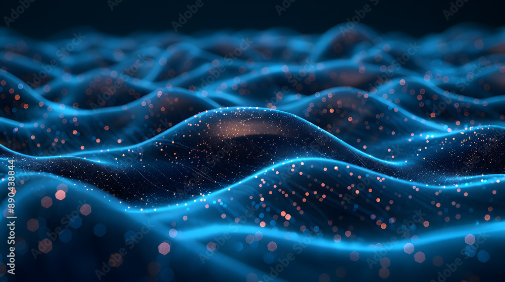 Poster abstract digital waves with glowing particles, creating a futuristic and mesmerizing blue pattern, r