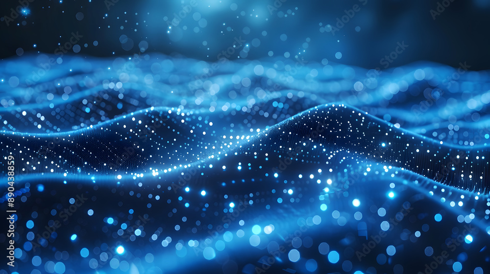 Poster abstract digital waves with glowing particles, creating a futuristic and mesmerizing blue pattern, r