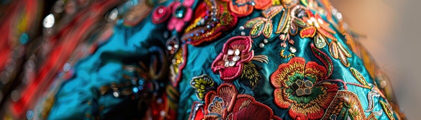 Closeup of opera costume, detailed embroidery, vibrant colors, realistic studio setting, high detail and sharpness