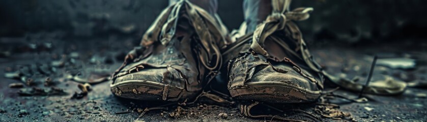 Closeup of tattered dance shoes, rich textures, realistic studio lighting, high detail and sharpness