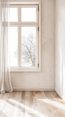 Fototapeta premium Large window in an empty property room with no furniture and day lighting. Residential Real Estate interiors with copy space for text.