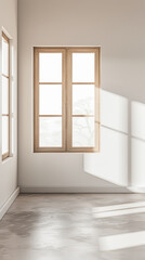Fototapeta premium Large window in an empty property room with no furniture and day lighting. Residential Real Estate interiors with copy space for text.