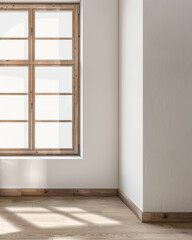 Fototapeta premium Large window in an empty property room with no furniture and day lighting. Residential Real Estate interiors with copy space for text.