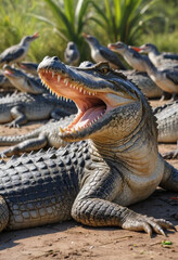 Obraz premium A photo of a crocodile basking in the sun with a flock of birds picking food from its teeth. 
