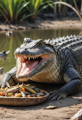 Obraz premium A photo of a crocodile basking in the sun with a flock of birds picking food from its teeth. 