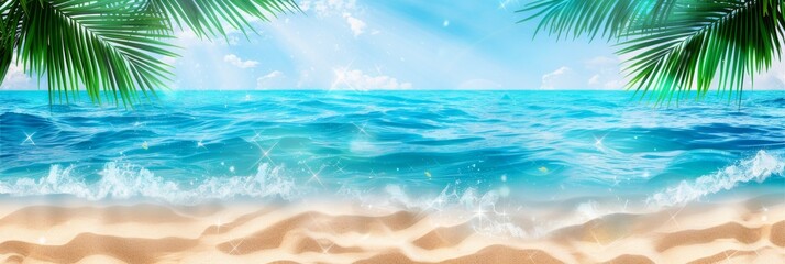 Fototapeta premium Tropical beach with ocean waves and palm leaves, blank space for text, ideal for advertising