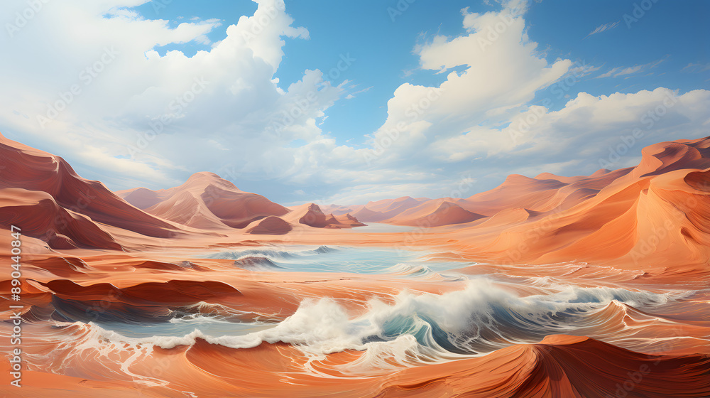 Poster a surreal landscape with a desert in the foreground and an ocean in the distance. the clouds in the 