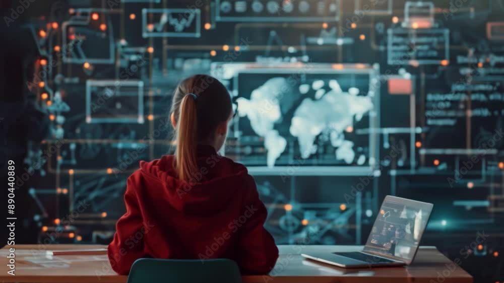 Poster a school girl sits in front of a laptop with a world map and data visualization displayed on the scr