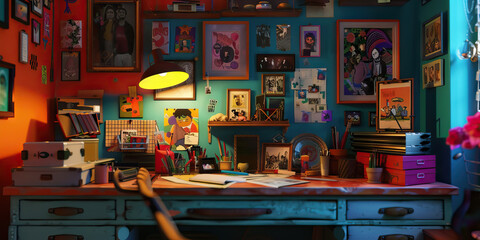 The Organized Clutter: A small desk with colorful knick-knacks and framed photographs neatly arranged