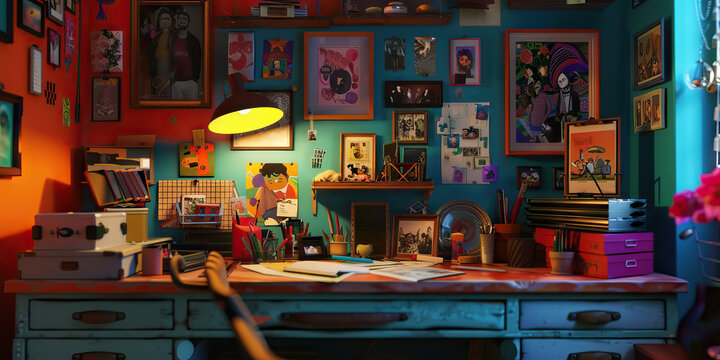 The Organized Clutter: A small desk with colorful knick-knacks and framed photographs neatly arranged