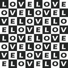 seamless pattern of the word love in repeating plaid shapes in black and white