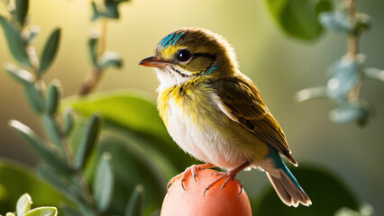 Baby bird sitting on human finger.