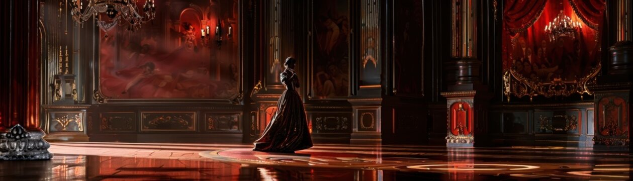 Opera performer on stage, ornate set design, dramatic studio lighting, realistic background, highresolution details