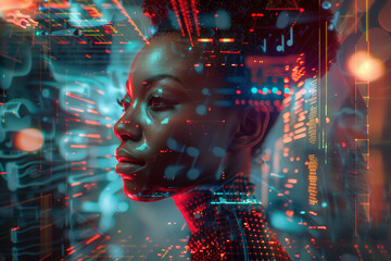 Futuristic Cyber World at Night. A striking image showcasing a futuristic theme with vibrant colors and cyber elements overlaying a person's profile at night
