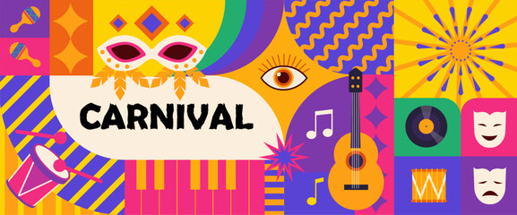 Happy Carnival banner. Geometric poster with carnival mask, musical instruments, splashes and abstract shapes. Festive background for holiday celebration. Design for event. Flat vector illustration