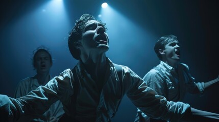 Actors in dynamic theatre scene, expressive emotions, realistic studio lighting, high detail and sharpness