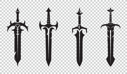 Flat Sword Icons Set - Different Vector Illustrations Isolated On Transparent Background
