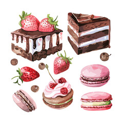 Watercolor Illustration of Cakes, Macarons, and Strawberries