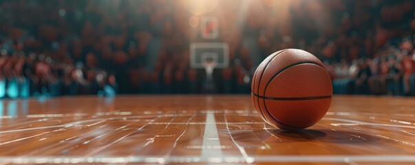 A closeup of a basketball on a shiny wooden floor with an outoffocus excited crowd in the backdrop capturing the pregame silence and tension.