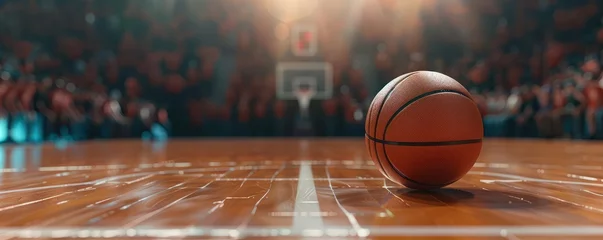 Fotobehang A closeup of a basketball on a shiny wooden floor with an outoffocus excited crowd in the backdrop capturing the pregame silence and tension. © ParinApril