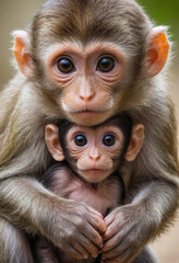  A curious baby monkey peeking out from behind its mother. 
